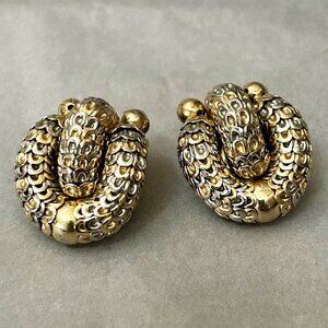 Elegant Gold & Silver Clip Earrings~ Metal ~ Chainmail Design ~ Etruscan Vintage